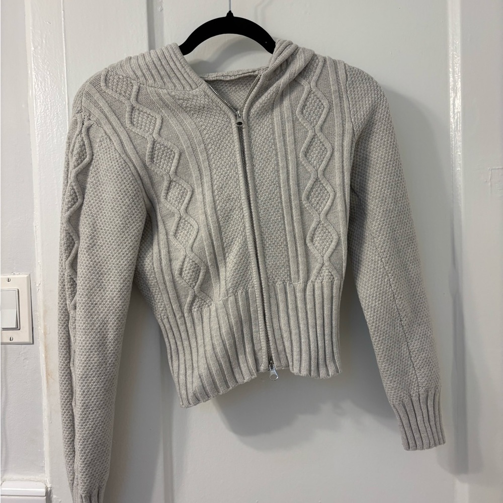 wild fable Light Gray Cable-Knit Zip Hooded Sweater